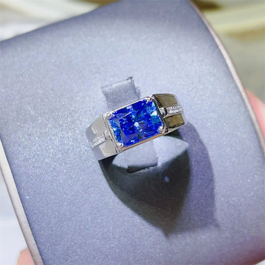 blue moissanite ring emerald cut in 925 sterling silver close up