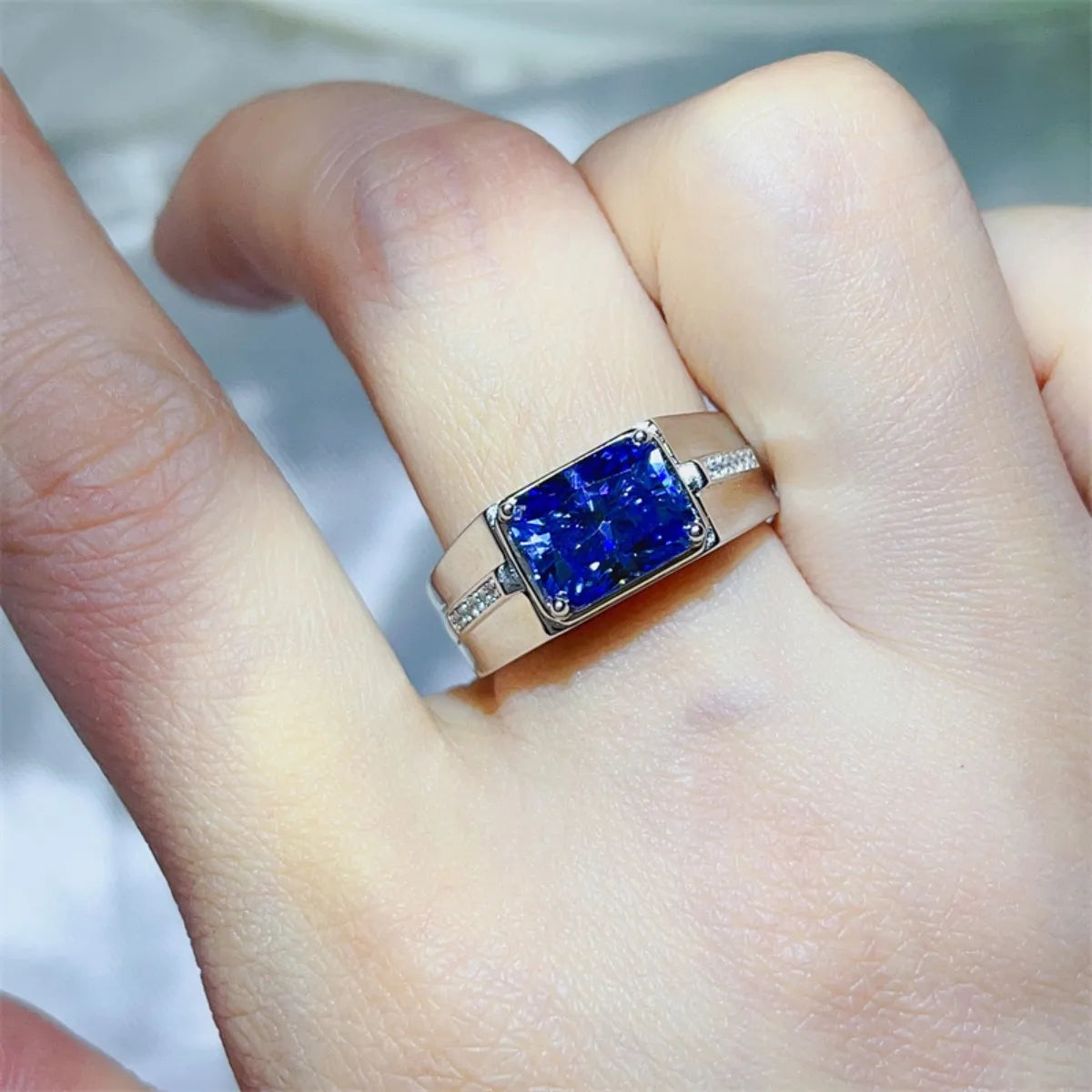 emerald cut blue gemstone ring moissanite silver statement ring