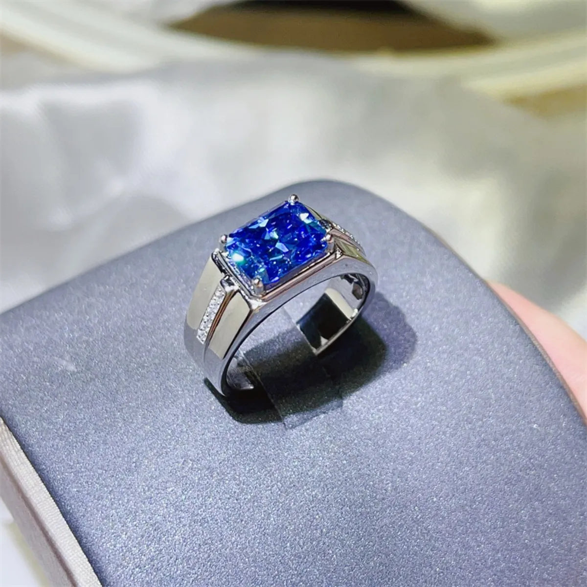 blue emerald cut moissanite ring 925 sterling silver sapphire style