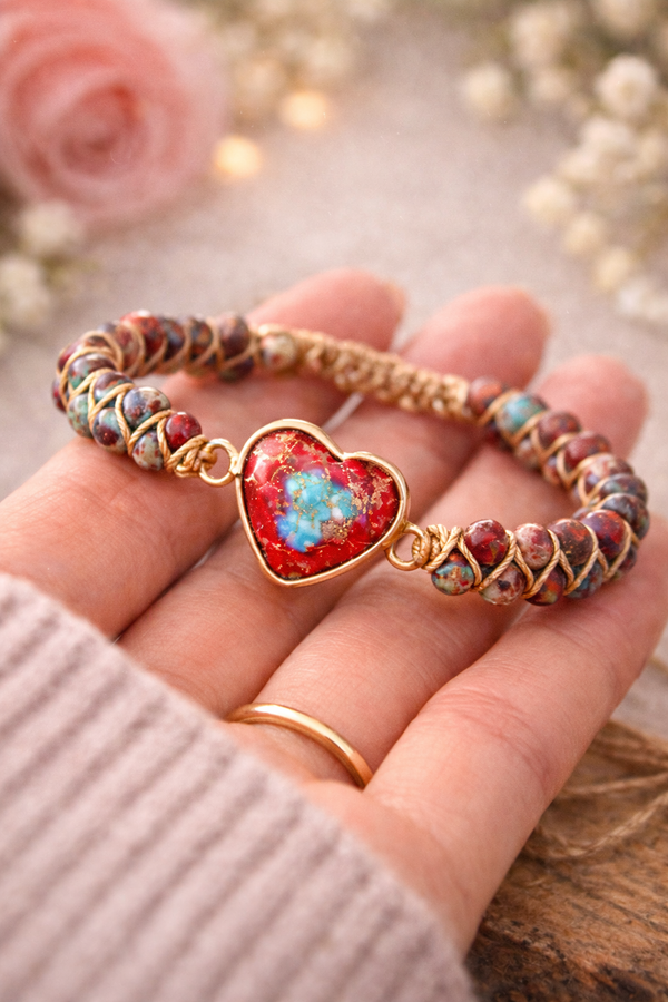 Bracelet with heart-shaped gemstone held in a hand, with blurred floral background
