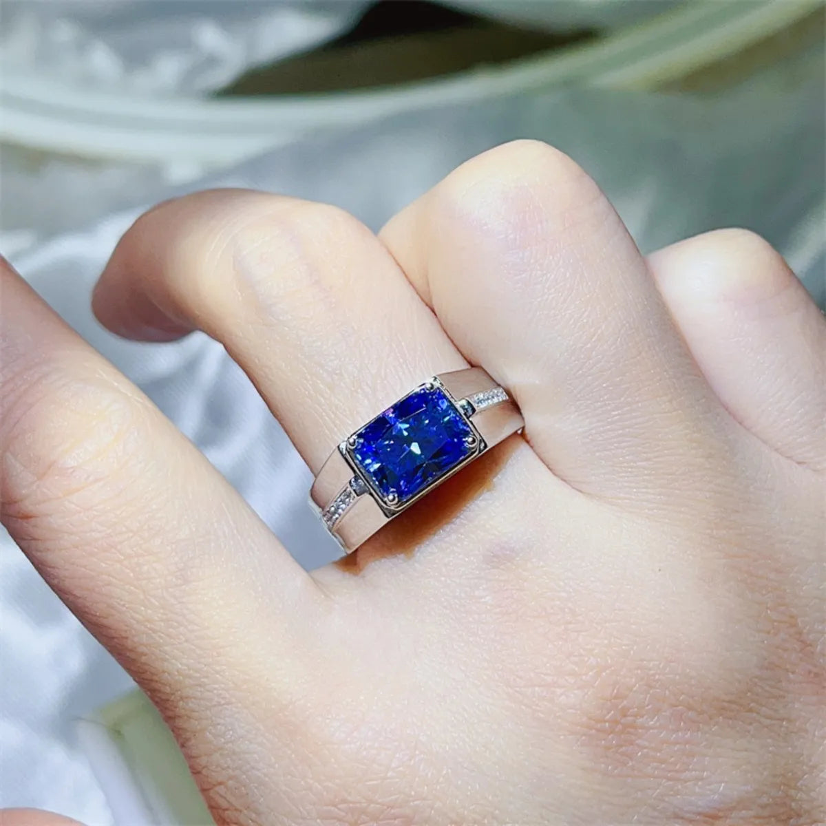 luxury blue moissanite ring 925 sterling silver for men or women