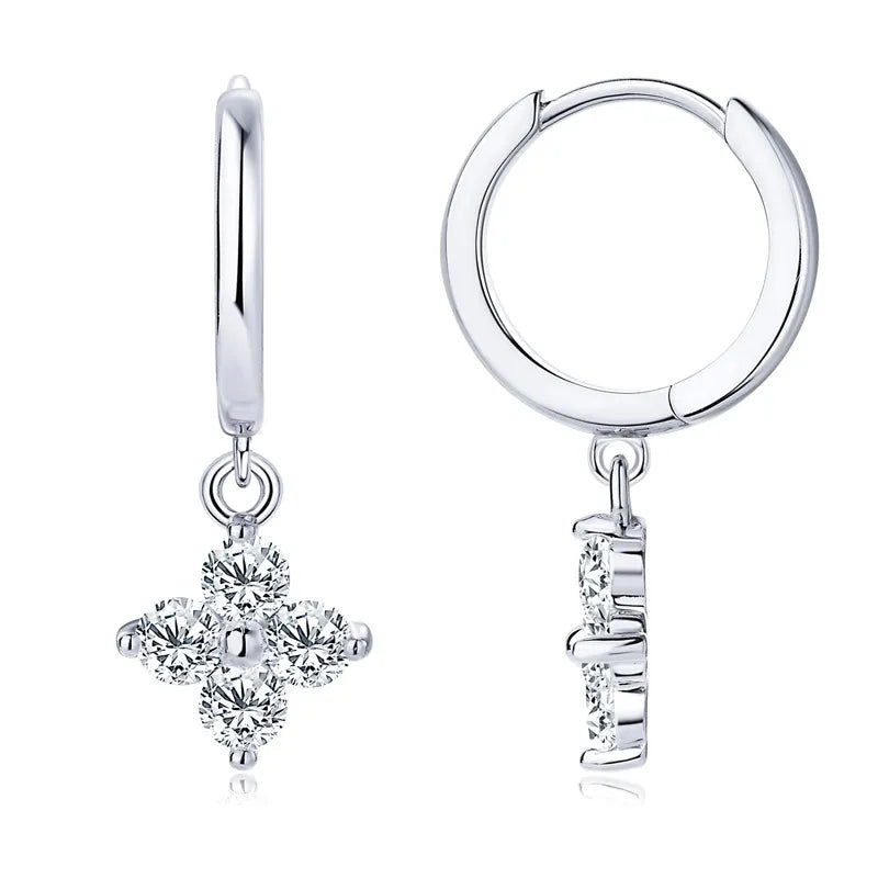 Close-up of secure click-top closure on moissanite dangle hoop earrings
